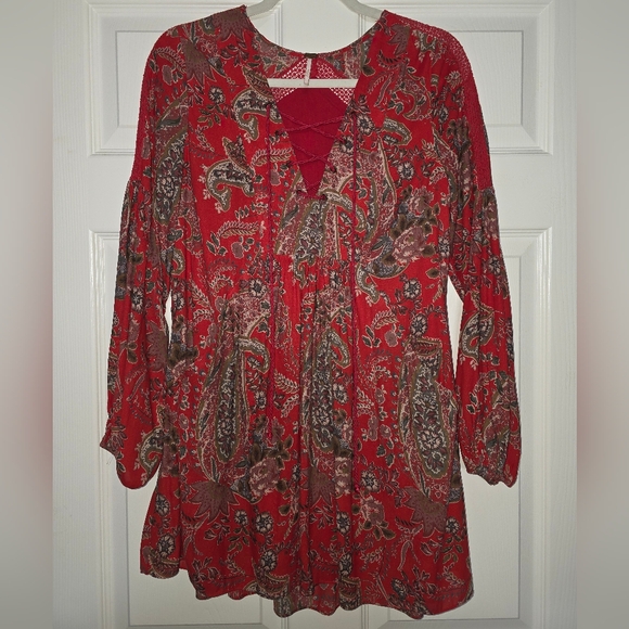 Free People Dresses & Skirts - Moving Sale! { Free People Red Lace Up Mini Dress With Pockets Size XS